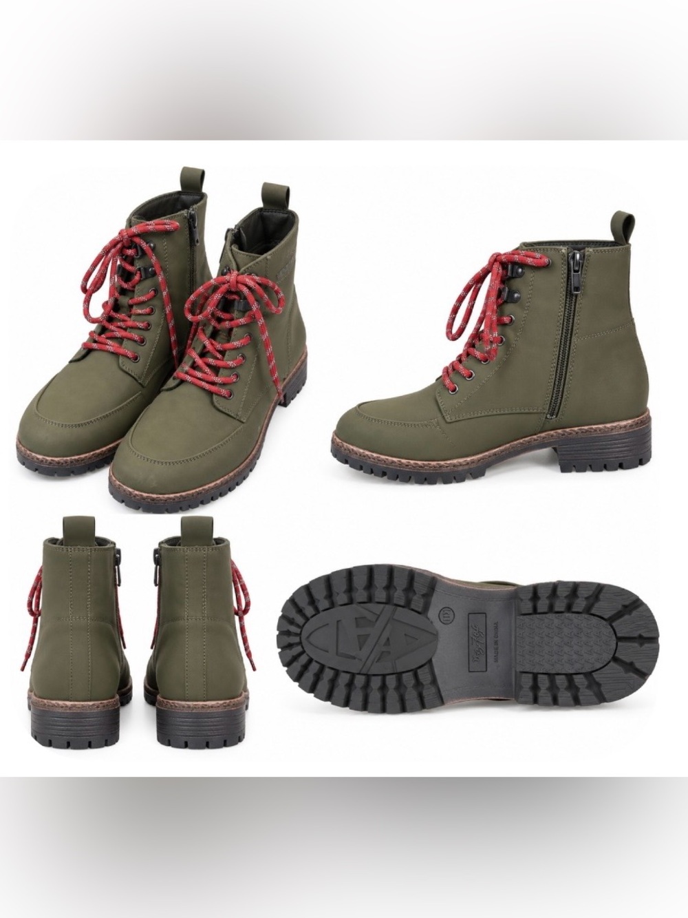Vintage 7 Eight Olive Green Lace Up Combat Boots Red Laces Side Zip Size 11